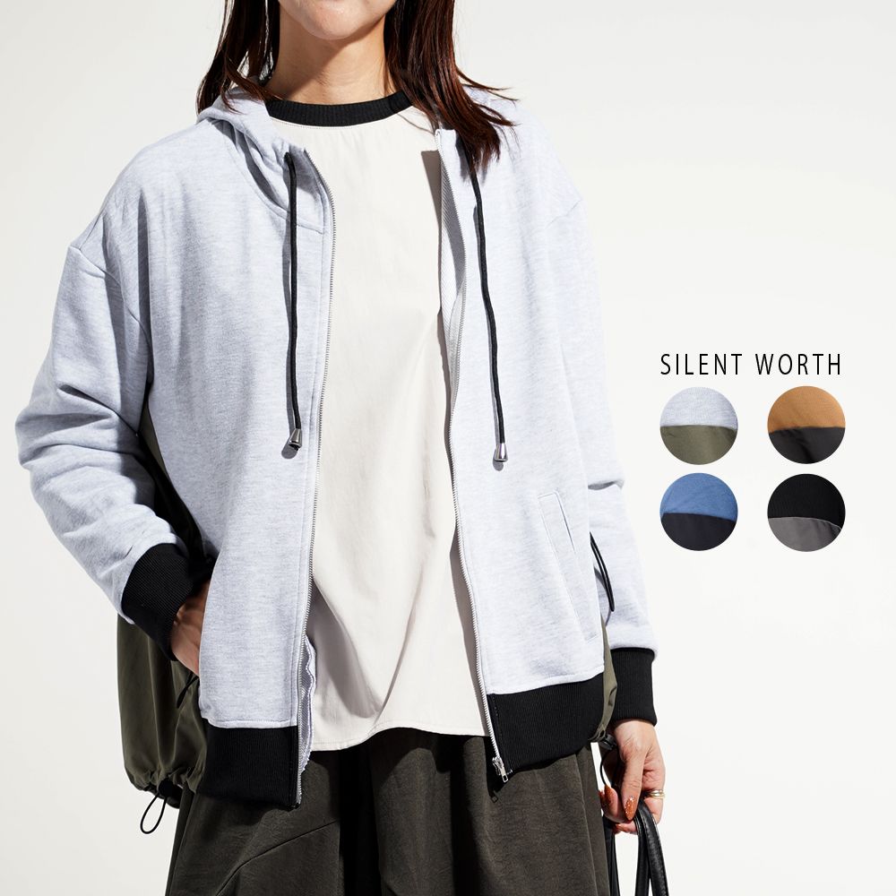 【C-3461】異素材切替ジップアップパーカー